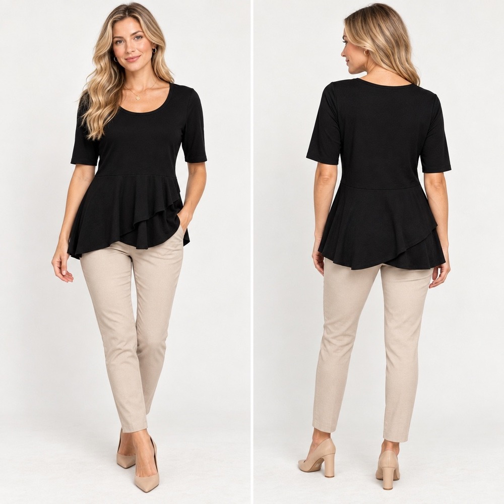 Isaac Mizrahi Live Women's Small Black Peplum Tunic Top Asymmetrical Ruffle Hem